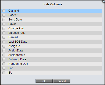 Hide Column popup